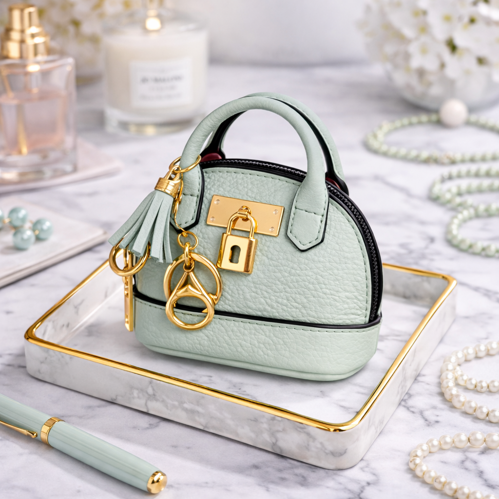 Petite green Leather Purse Lock & Key Bag Charm  with key ring and zipper on marble surface with pen and pearls. 