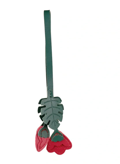 Red Monstera Bloom Leather Bag Charm with leather strap 