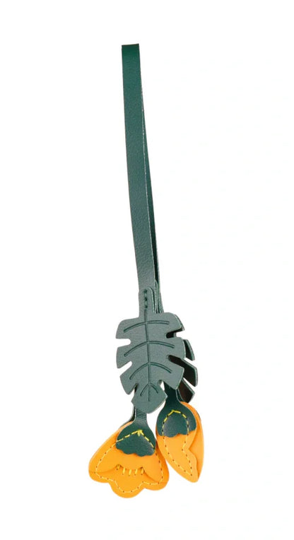 Golden Yellow Monstera Bloom Leather Bag Charm with leather strap 