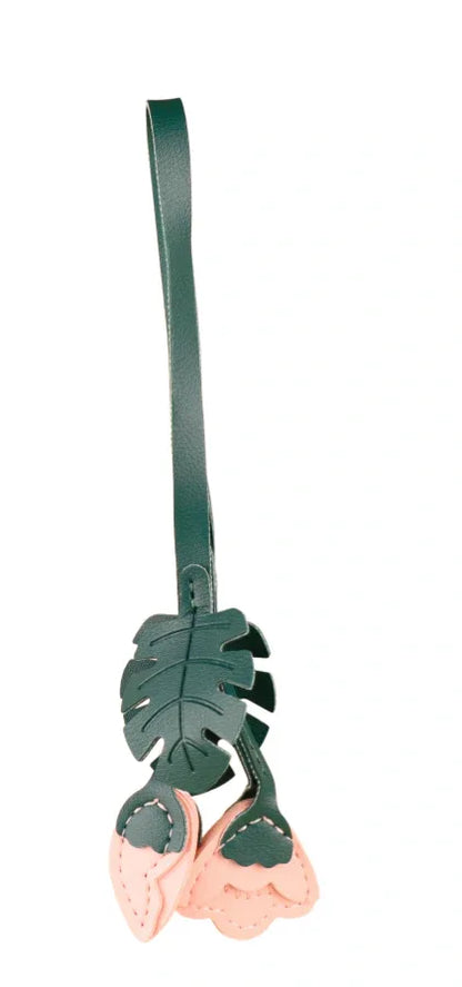 Pink Monstera Bloom Leather Bag Charm with leather strap 
