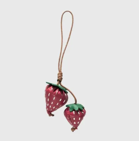 Red Fraise Duet Strawberry Bag Charm Set with leather cord strap.