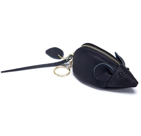 Handcrafted black leather mouse-shaped coin purse with round ears and a secure zipper and key ring.