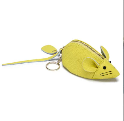 Handcrafted yellow leather mouse-shaped coin purse with round ears and a secure zipper and key ring.