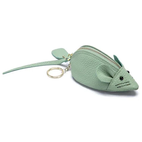 Handcrafted grey leather mouse-shaped coin purse with round ears and a secure zipper and key ring.