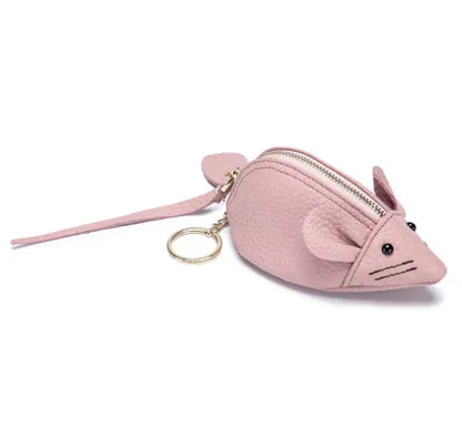 Handcrafted white leather mouse-shaped coin purse with round ears and a secure zipper and key ring.
