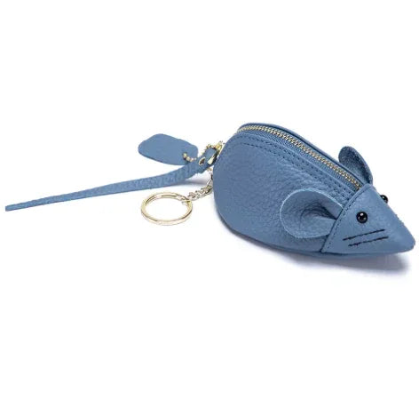 Handcrafted blue leather mouse-shaped coin purse with round ears and a secure zipper and key ring.