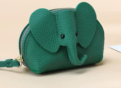 Baby Elephants on Parade genuine leather elephant-shaped coin pouch in Green.