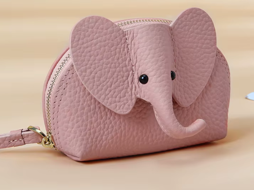 Baby Elephants on Parade Coin Purse – Genuine Leather Elephant Coin Pouch, Cute Animal Wallet, Gift for Elephant Lovers