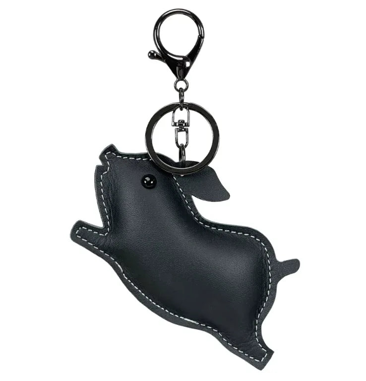Black Leather Pig Key Chain and Bag Charm with Key ring and clasp.