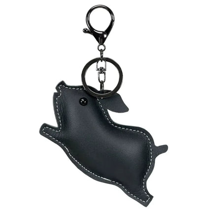 Black Leather Pig Key Chain and Bag Charm with Key ring and clasp.