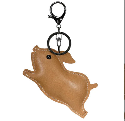 Brown Leather Pig Key Chain and Bag Charm with Key ring and clasp.