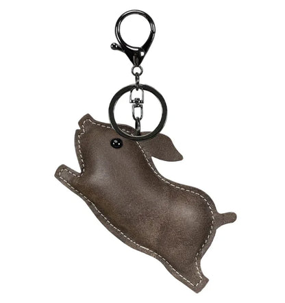Olive Green Leather Pig Key Chain and Bag Charm with Key ring and clasp.