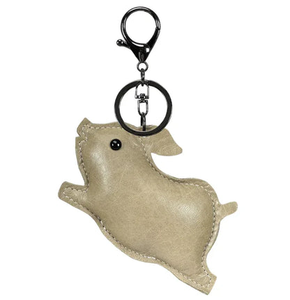 Tan Leather Pig Key Chain and Bag Charm with Key ring and clasp.