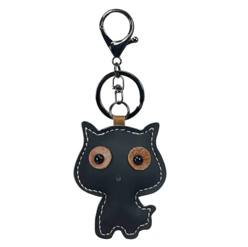Black handmade leather cat keychain with a minimalist silhouette and silver metal key ring.