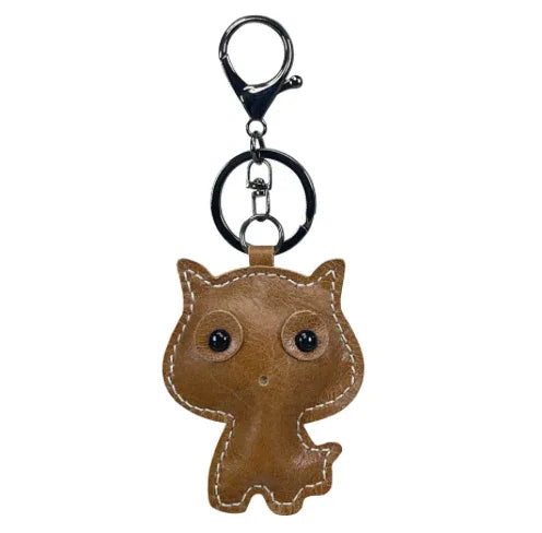 Brown  handmade leather cat keychain with a minimalist silhouette and silver metal key ring.