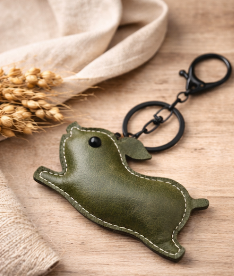 Olive Green Leather Pig Key Chain and Bag Charm with Key ring and clasp on table. 