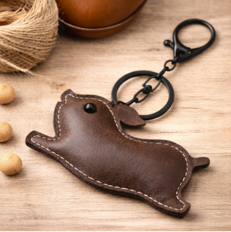 Brown Leather Pig Key Chain and Bag Charm with Key ring and clasp on table. 