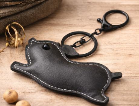 Black Leather Pig Key Chain and Bag Charm with Key ring and clasp on table. 