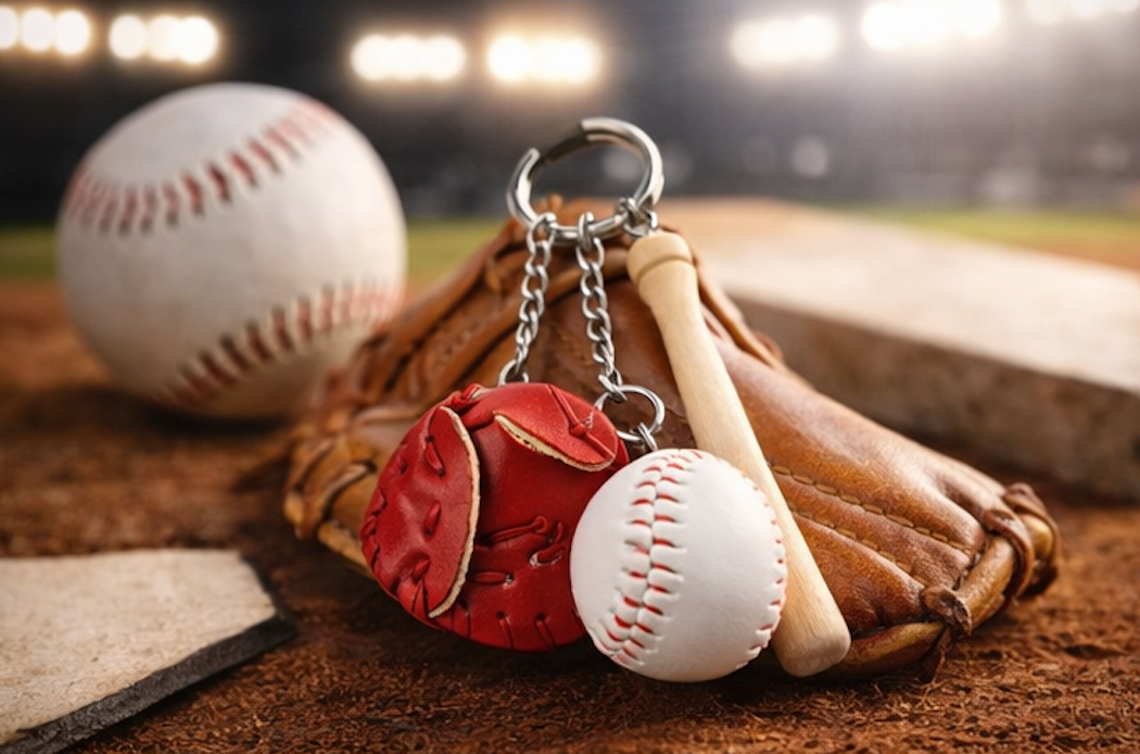 Baseball, glove and bat keychain on a baseball field.