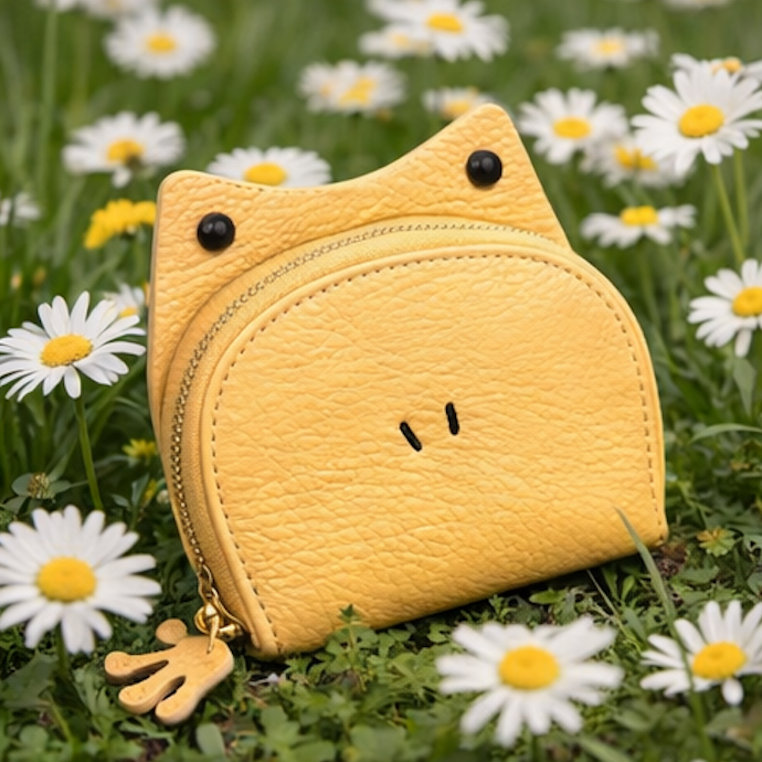 Handcrafted yellow  leather frog-shaped card holder with a smiling face and gold zipper.