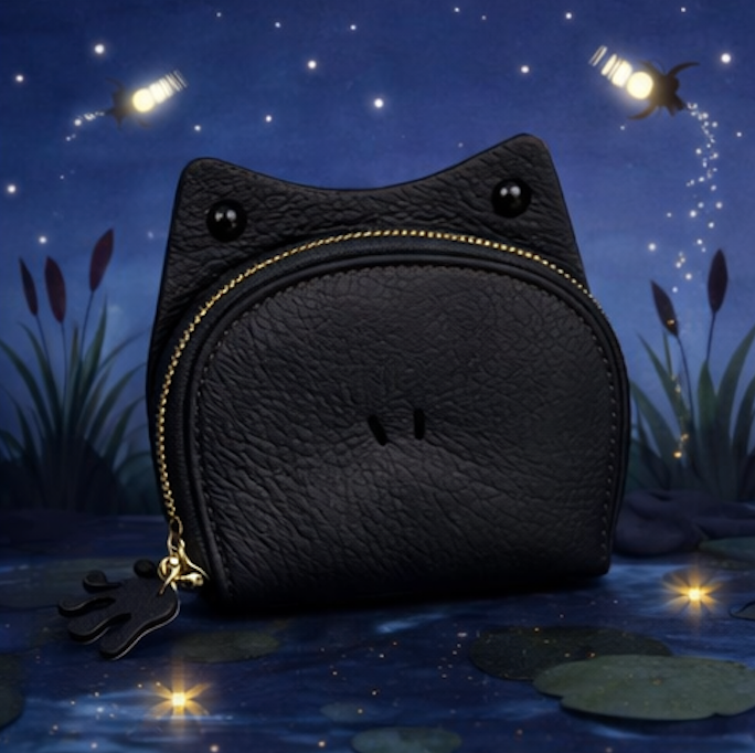 Handcrafted black leather frog-shaped card holder with a smiling face and gold zipper.