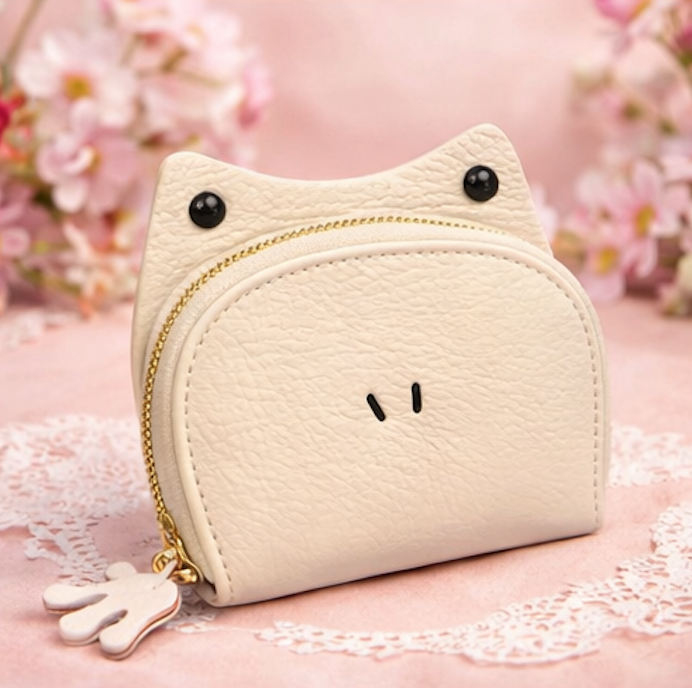 Handcrafted white leather frog-shaped card holder with a smiling face and gold zipper.