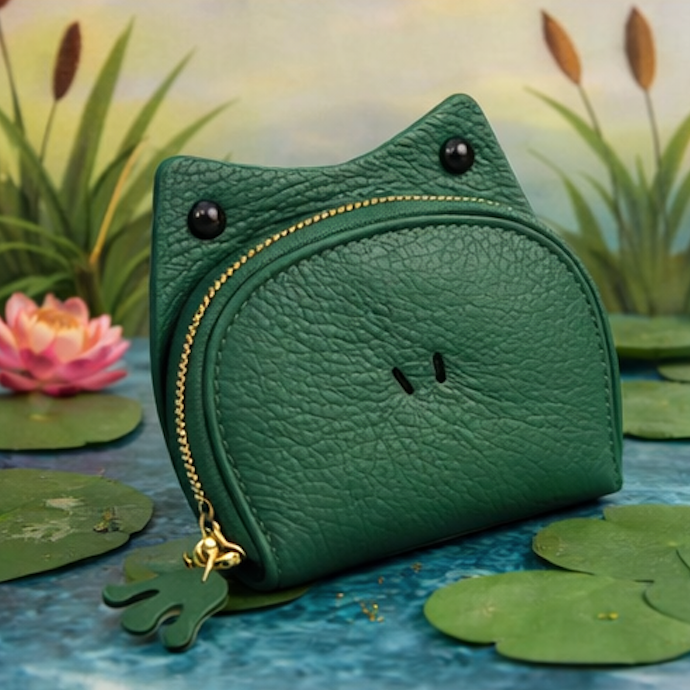 Handcrafted green leather frog-shaped card holder with a smiling face and gold zipper.
