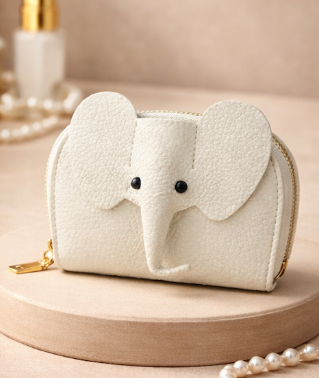 Elephant-shaped leather card holder in White with a secure gold zipper and multiple card slots