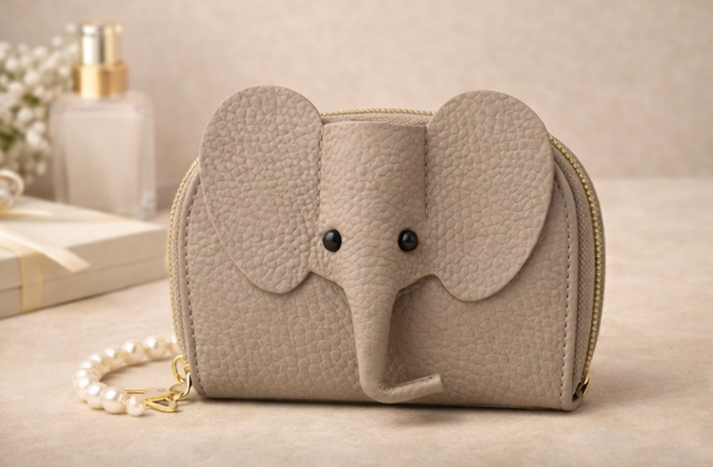 Elephant-shaped leather card holder in Beige with a secure gold zipper and multiple card slots