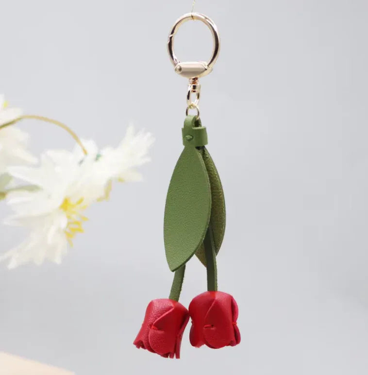 Red Sweetheart Tulip Bag Charm with key ring.