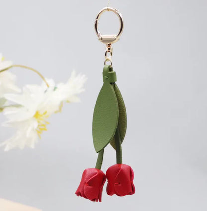 Red Sweetheart Tulip Bag Charm with key ring.