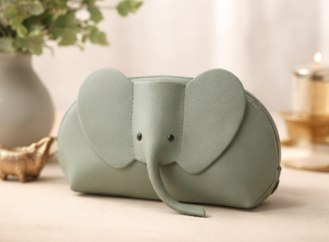 Handcrafted genuine leather elephant crossbody mini bag in green by Trunk Love.