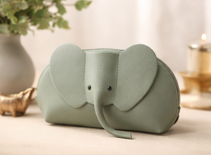 Handcrafted genuine leather elephant crossbody mini bag in green by Trunk Love.