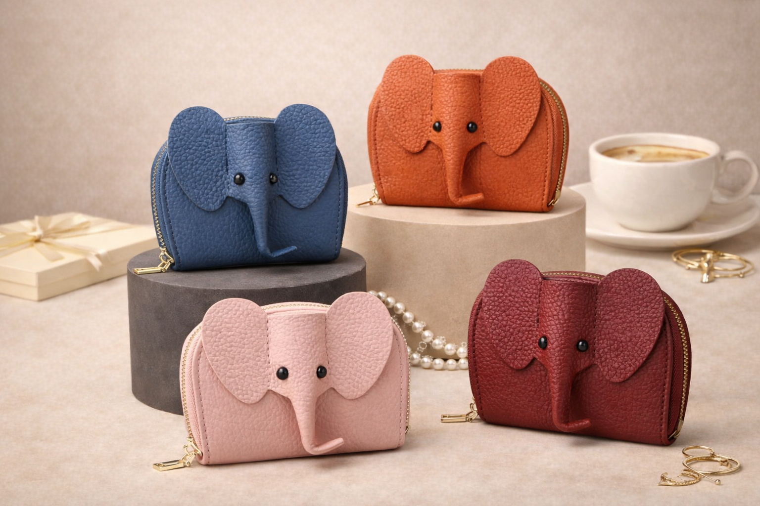 4 elephant-shaped leather card holders in  with a secure gold zipper and multiple card slots sitting on a table to show size.