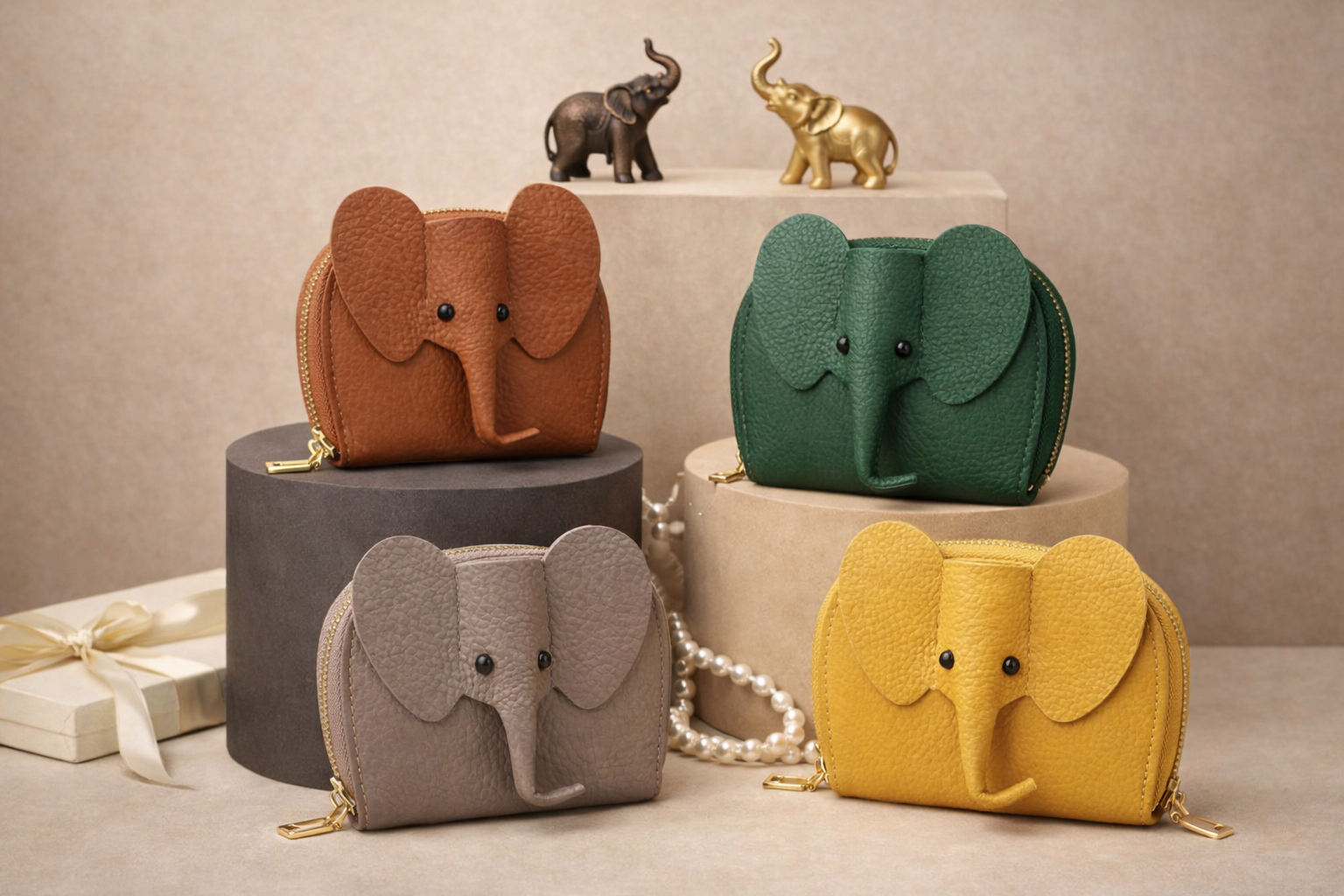 4 elephant-shaped leather card holders in  with a secure gold zipper and multiple card slots sitting on a table to show size.