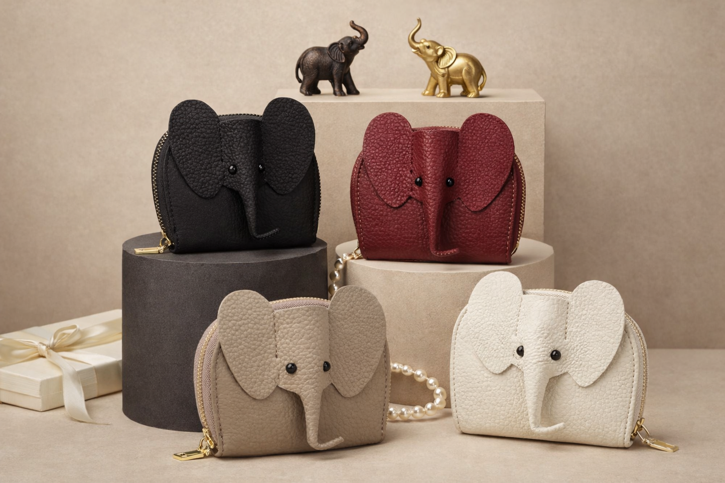 4 elephant-shaped leather card holders in  with a secure gold zipper and multiple card slots sitting on a table to show size.