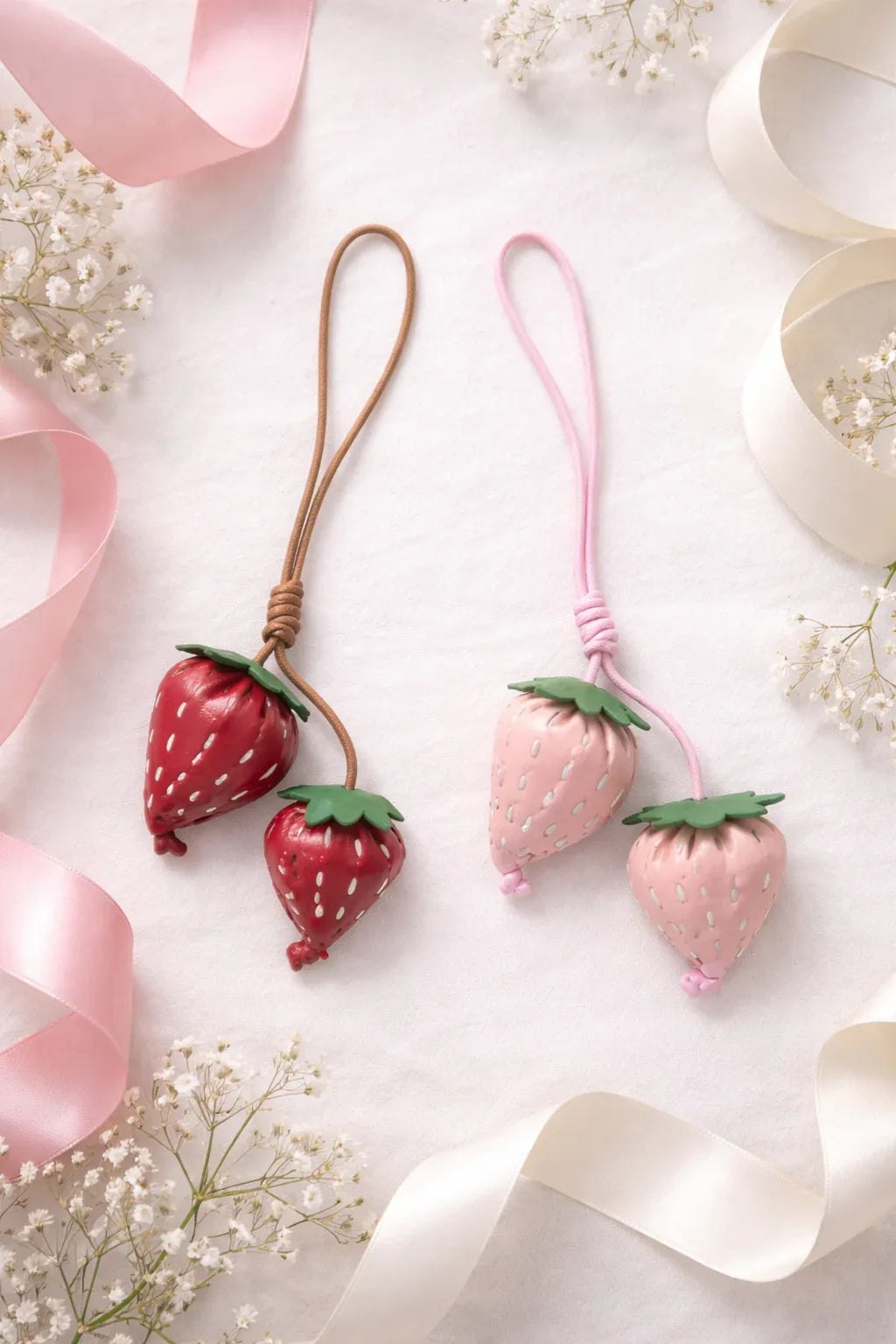 Pink and Red Fraise Duet Strawberry Bag Charms Set with leather cord strap on table with flowers and ribbon. 
