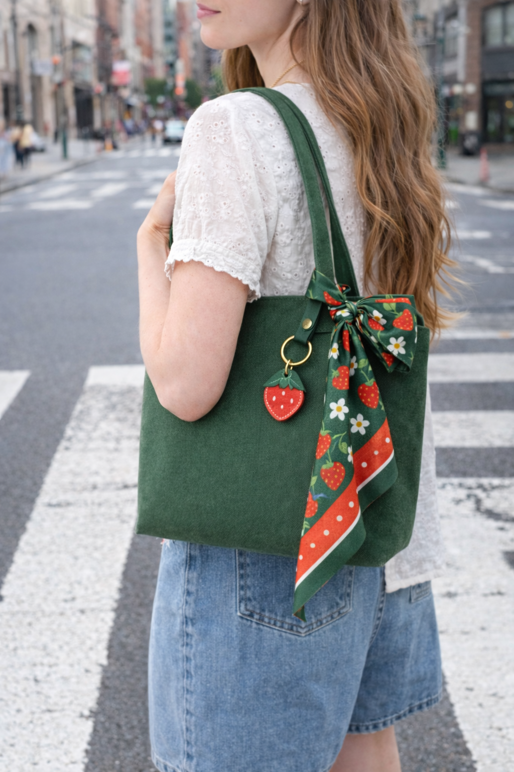 Woman walking in city with green tote bag with Little Orchard Strawberry Fruit Bag Charm with leather strap connected. 