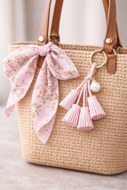 White Suede & Pearl Tassel Bag Charm with pearl accent on brass key ring on straw bag with scarf. 