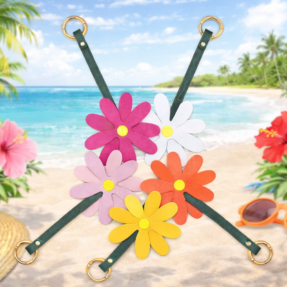 5 different colored Petal Pop Bag Charms with leather strap and brass ring in a circle with beach background. 