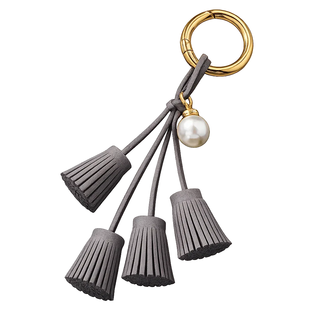 Green Suede & Pearl Tassel Bag Charm with pearl accent on brass key ring. 