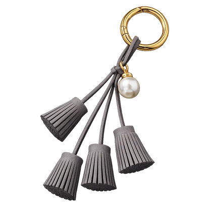Green Suede & Pearl Tassel Bag Charm with pearl accent on brass key ring. 