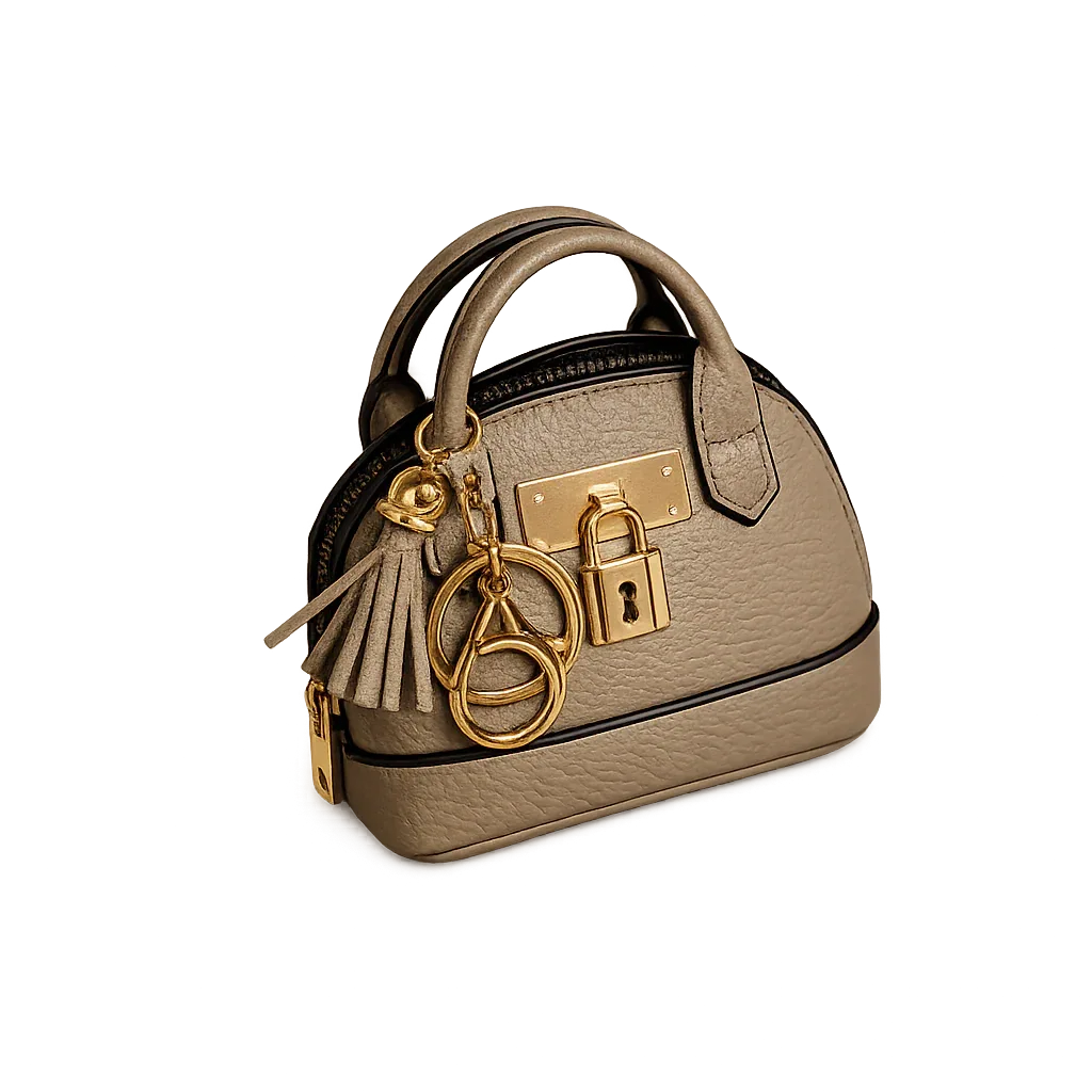 Petite greenLeather Purse Lock & Key Bag Charm  with key ring and zipper. 