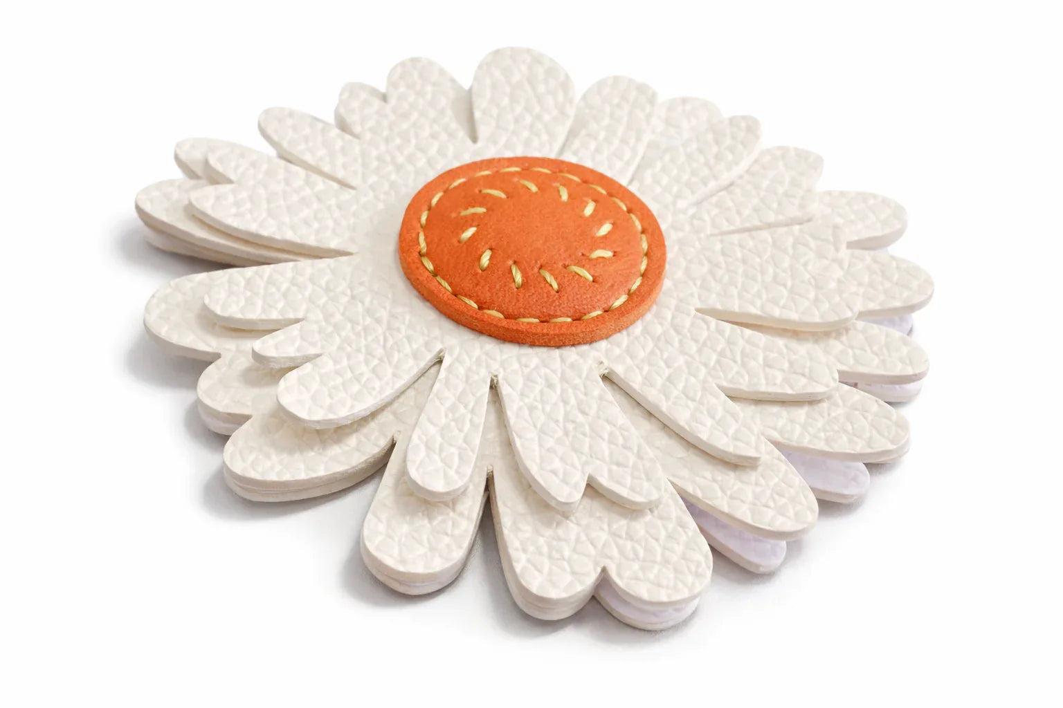 Close up of Sunlit Daisy Leather Bag Charm to show detail. 