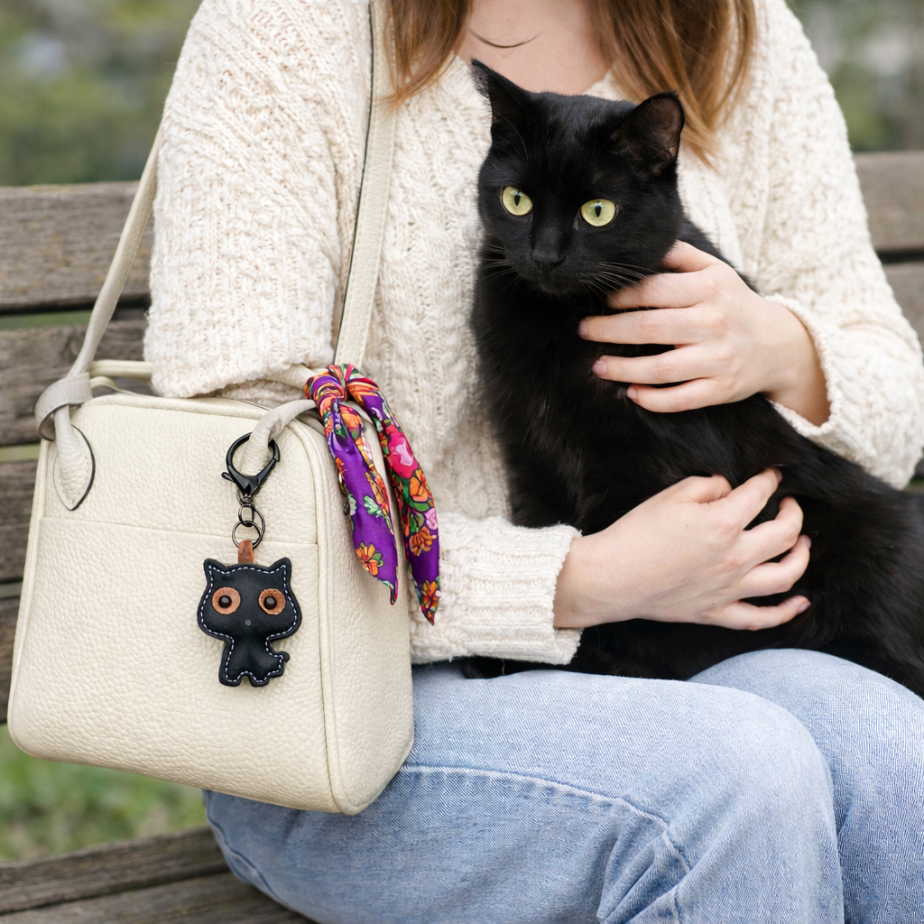Person holding a black cat next to a beige handbag with a black cat-shaped leather keychain.