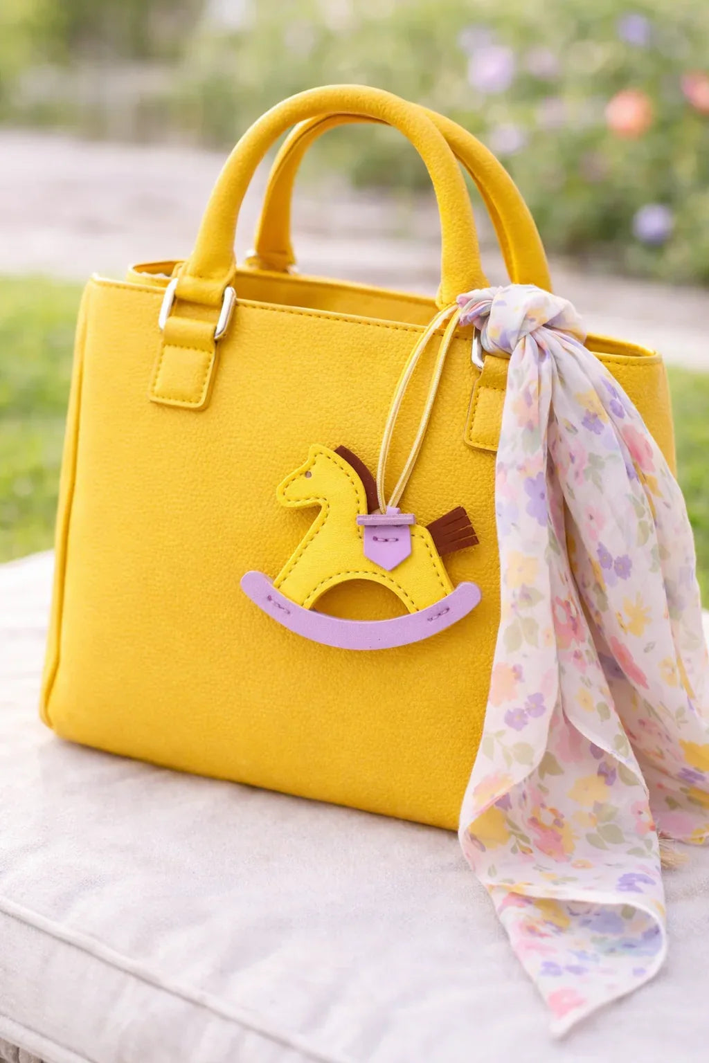 Yellow Rockabye Keepsake Horse Charm on Yellow purse with scarf on pillow. 