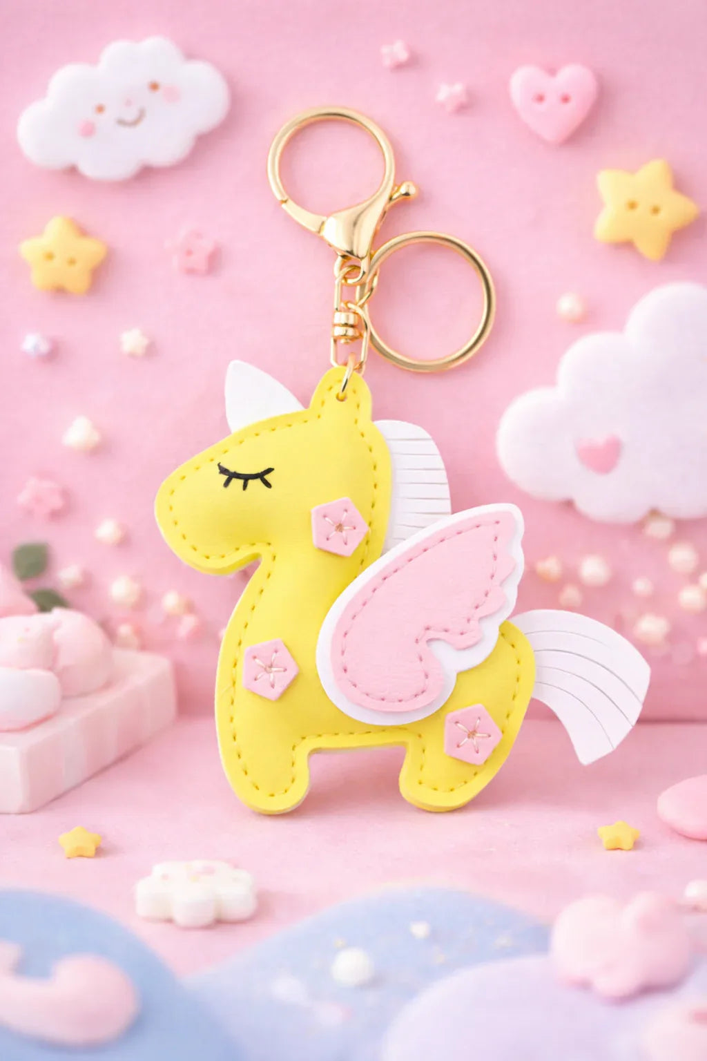 Dreamy yellow Unicorn Keychain  with key ring and clasp with dreamy background.