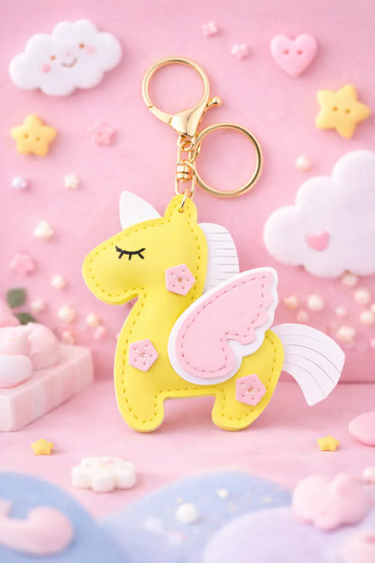 Dreamy yellow Unicorn Keychain  with key ring and clasp with dreamy background.