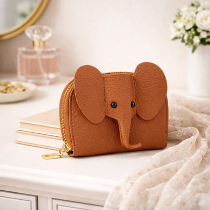Elephant-shaped leather card holder in Brown with a secure gold zipper and multiple card slots.