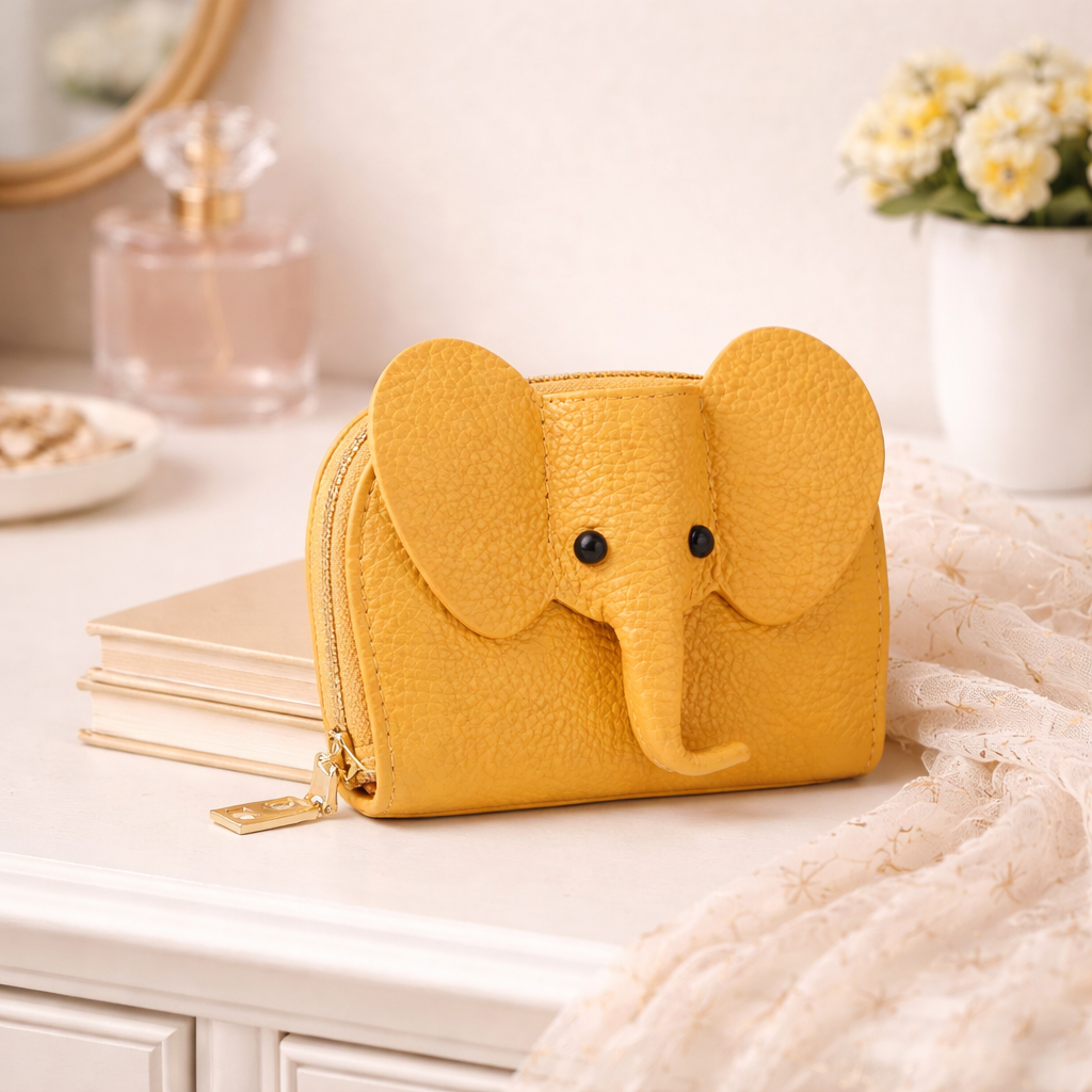 Elephant-shaped leather card holder in yellow with a secure gold zipper and multiple card slots.